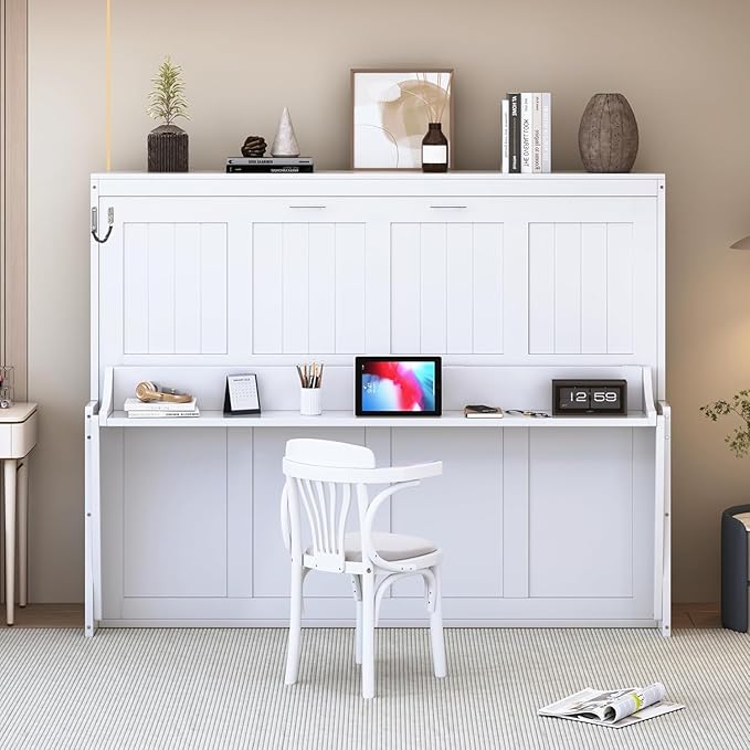 Virubi Full Horizontal Murphy Bed with Desk,Solid Wood Folding Hideaway Murphy Wall Bed for Adult,Guest Room (White,Full)
