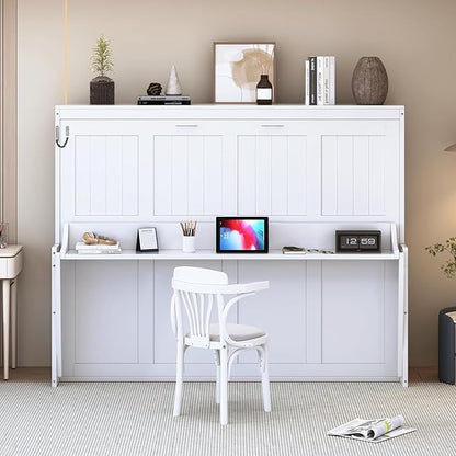 Virubi Full Horizontal Murphy Bed with Desk,Solid Wood Folding Hideaway Murphy Wall Bed for Adult,Guest Room (White,Full)