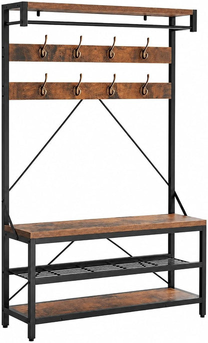 Hall Tree with Bench and Shoe Storage, Entryway Bench with Coat Rack, 3-in-1 Mudroom Organizer with 8 Hooks, Freestanding Industrial Storage Rack for Hallway, Rustic Brown