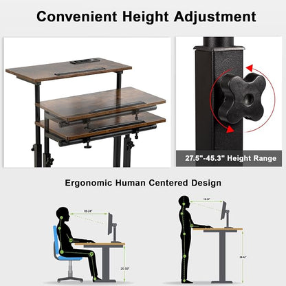 Hadulcet Mobile Standing Desk with Wheels, Rolling Desk Adjustable Height, Portable Laptop Table with Charging Station, Sit Stand up for Home Office, Study, Classroom, Rustic Brown