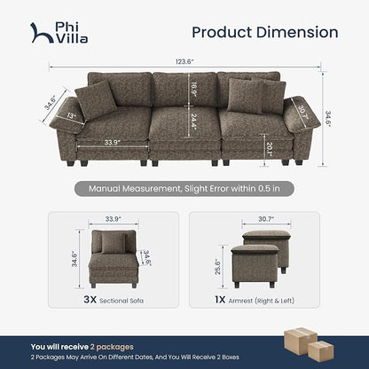PHI VILLA Modern Modular Couches Sets, 123.6" Cloud Sectional Sofa with Upholstered Deep Seat, 3-Seater Couch for Living Room Small Spaces, Chenille Fabric, Smoky Grey