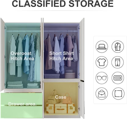 Bobve78 H Armoire Wardrobe Closet with 4 Doors and 2 Drawers, Wooden Bedroom Armoires with Hanging Rod, No Freestanding Wardrobe Cabinet for Bedroom, White