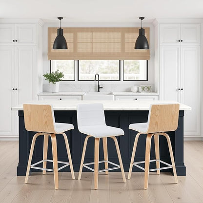 Armen Living Vienna Modern Swivel 26" Counter Height Barstool with White Faux Leather and Patterned Oak Wood Finish