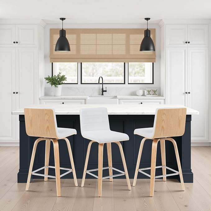 Vienna Modern Counter Height Swivel Bar Stool with White Faux Leather Seat and Patterned Oak Wood Frame Set of 4