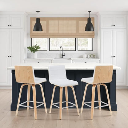 Vienna Modern Counter Height Swivel Bar Stool with White Faux Leather Seat and Patterned Oak Wood Frame Set of 4