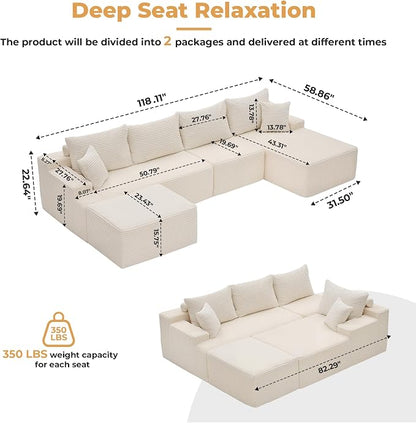 Mangodan 118'' Cloud Sectional Couch, U Shaped Boneless Couches for Living Room, Modular Sectional Sofa with Deep Seat Right Facing Chaise, Comfy Cloud Couch Sofa, Beige