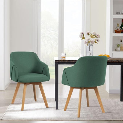 Swivel Dining Chairs Set of 2, Mid Century Modern Dining Chairs with Arms, Wood Legs, Linen Fabric Upholstered Kitchen Chairs for Dining Room Living Room, Comfortable Large Seat, Green