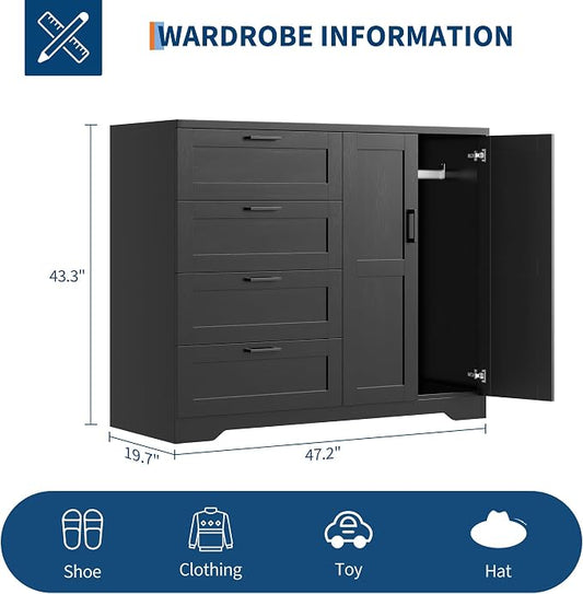 GarveeHome Multifunctional Wooden Dresser for Bedroom, 43.3 in H 2 Door Wardrobe Armoire Closet with 4 Drawers and Hanging Rod, Low Storage Cabinet for Hanging Cloth, Black