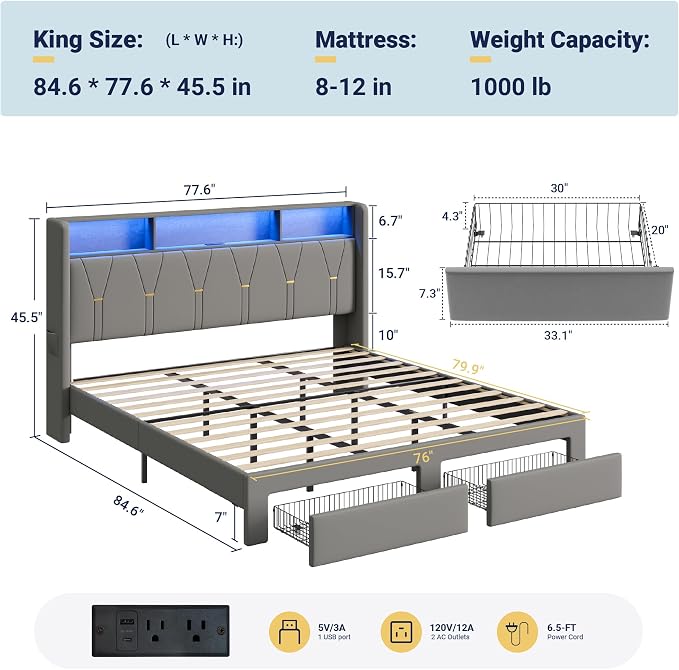 Allewie King Bed Frame with 2-Tier Storage Headboard, Charging Station & LED Lights, Velvet Upholstered Platform Bed with 2 Drawers, Wingback Headboard, Gold Button Tufted, No Box Spring Needed, Grey