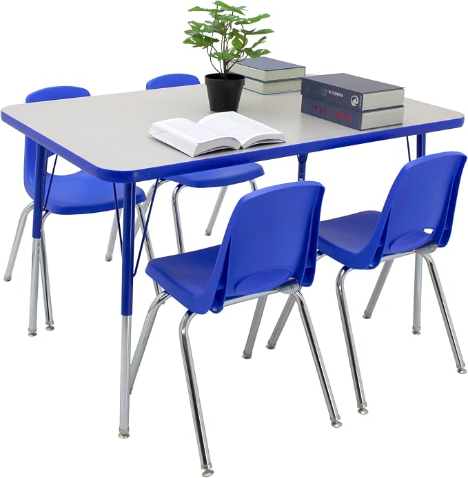 FDP Rectangle Activity School and Office Table (30 x 48 inch), Standard Legs with Swivel Glides, Adjustable Height 19-30 inches; Quick Ship Single Box - Gray Top and Blue Edge
