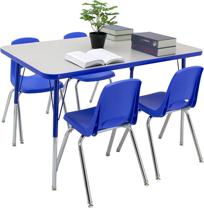 FDP Rectangle Activity School and Office Table (30 x 48 inch), Standard Legs with Swivel Glides, Adjustable Height 19-30 inches; Quick Ship Single Box - Gray Top and Blue Edge
