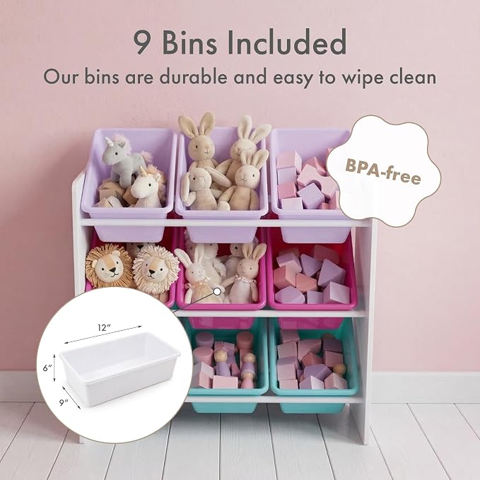 Humble Crew Toy Storage Organizer with 9 Removable Storage Bins for Kids Playroom, 3-Tier Toddler Toy Organization and Storage, White/Pink/Purple/Aqua