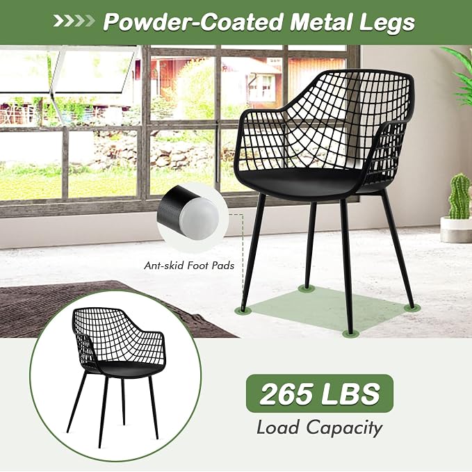 Giantex Modern Dining Chairs Set of 4 - Black Arm Chair with 15" High Backrest, Powder-Coated Metal Legs, Anti-Slip Foot Pads, Max Load 265 lbs, Kitchen Dining Room