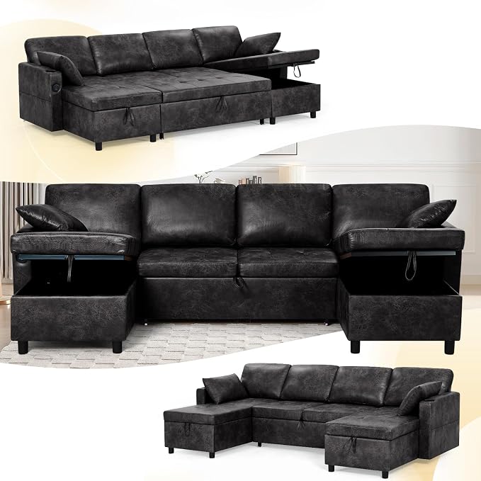 110 inches Suede Leather Sleeper Sofa w/Pull Out Bed, U-Shape Sectional Sofa Bed w/Adjustable Backrest and Storage Chaises, 4-Seats Upholstered Sofa Bed w/USB Port for Living Room, Black
