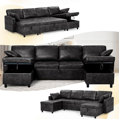 110 inches Suede Leather Sleeper Sofa w/Pull Out Bed, U-Shape Sectional Sofa Bed w/Adjustable Backrest and Storage Chaises, 4-Seats Upholstered Sofa Bed w/USB Port for Living Room, Black