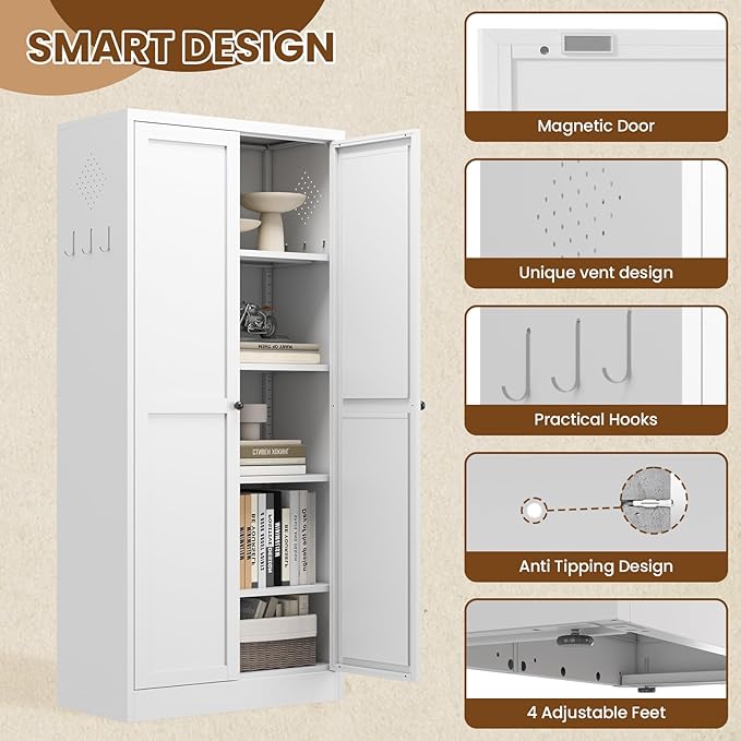 Metal Storage Cabinet, 61" Tall Kitchen Pantry Cabinet with 2 Doors and 4 Adjustable Shelves, White Steel Storage Cupboard for Dining, Office, Living Room, Bathroom