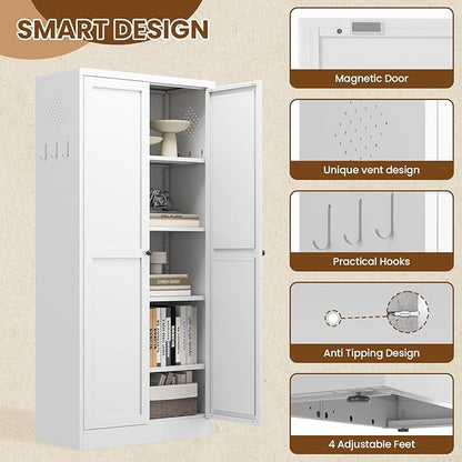 Metal Storage Cabinet, 61" Tall Kitchen Pantry Cabinet with 2 Doors and 4 Adjustable Shelves, White Steel Storage Cupboard for Dining, Office, Living Room, Bathroom
