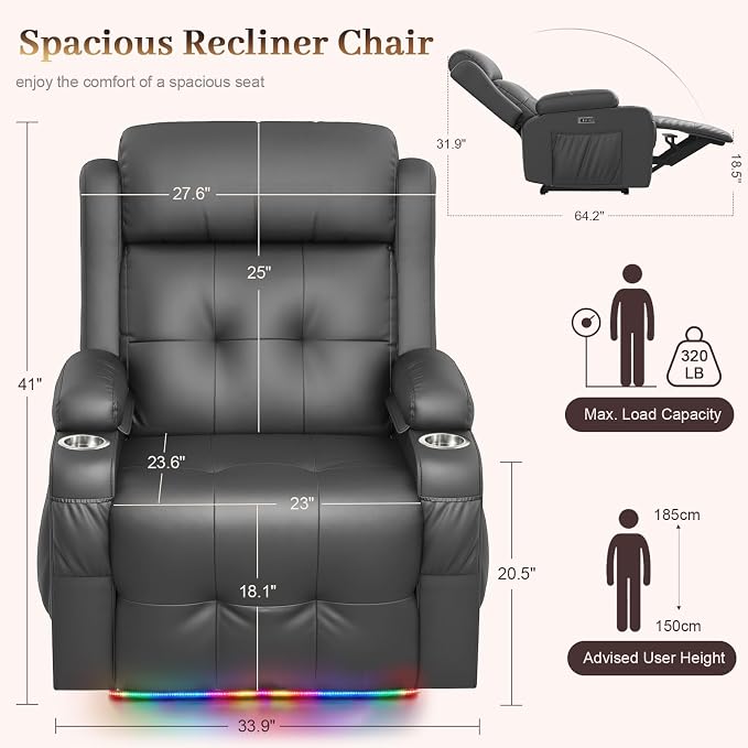 Extra Wide Seat Recliner Chair with Heat and Back Massage, Electric Power Oversized Reclining Chair Infinite Position with Storage Armrests & 2 Cup Holders for Living Room, Manual Recliners