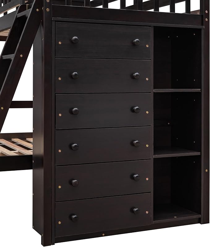 Ball & Cast Wooden Twin Over Full Bunk Bed with 6 Drawers & Flexible Shelves,Bottom Bedframe W/Wheel,Easy Assembly,Space Saving,Versatile Storage Furniture for Boy Girl Teen Compact Bedroom,Espresso