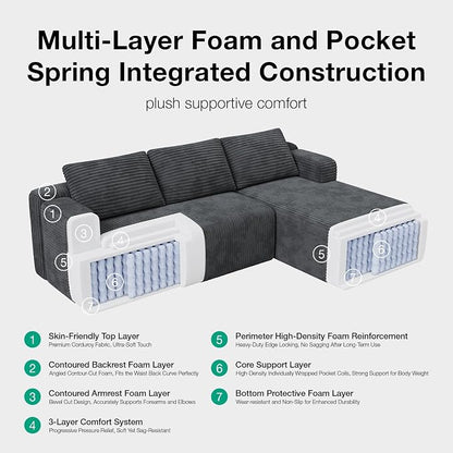 Novilla L-Shape Sectional Couches for Living Room with Smarts Coil® Support, 3 Seater Sectional Sofas for Living Room Bedroom, Corduroy Cloud Couch Sectional, No Assembly(Dark Grey, Right Hand Facing)