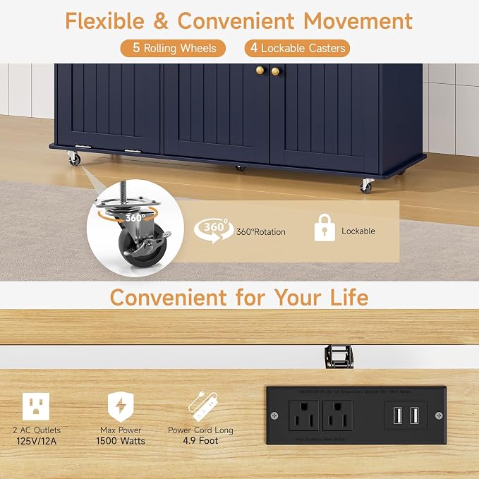 ONBRILL 60" Kitchen Island with Power Outlet & Drop Leaf, Rolling Island with Spice Rack & Towel Rack, Kitchen Island Cart with Trash Storage Cabinet, Island Table for Kitchen, Blue