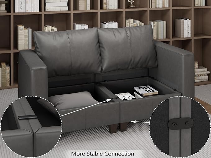 EASE MOOSE Faux Leather Modualr Sectional Couch with Storage,Gray Faux Leather Sectional Sofa Modular Couch,Grey