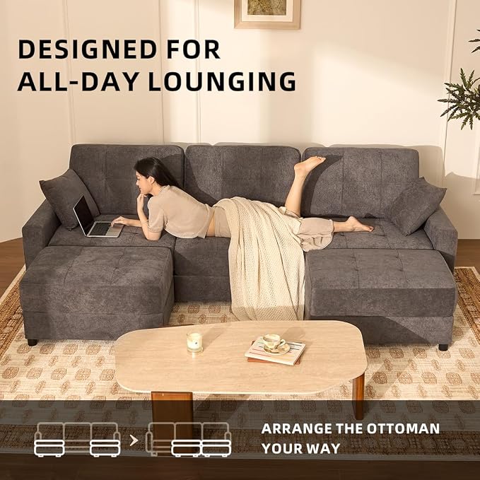 112" U Shaped Modular Cloud Sectional Couch, Waffle Fabric, Dark Gray | Modular Deep Seat Sofa, Movable Ottoman, Pocket Spring Cushions, 2-Box Delivery, Living Room Lounge Use, Not Boneless