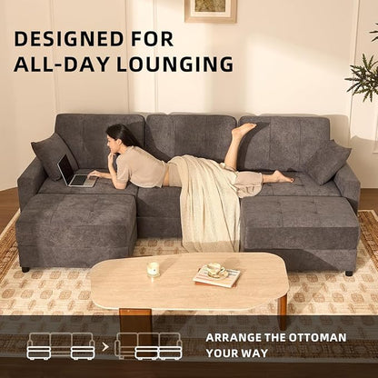 112" U Shaped Modular Cloud Sectional Couch, Waffle Fabric, Dark Gray | Modular Deep Seat Sofa, Movable Ottoman, Pocket Spring Cushions, 2-Box Delivery, Living Room Lounge Use, Not Boneless