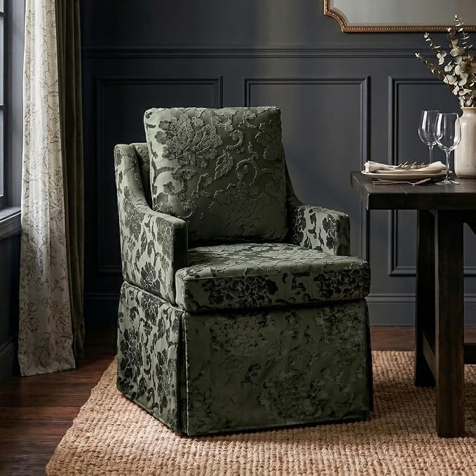 UVV Upholstered Dining Chairs Set of 4, Modern Jacquard Kitchen Chair Dining Room Chair with 4 Casters, Linen Armchair for Bedroom Reading Room Living Room, Dark Green