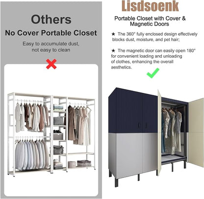 Heavy Duty Clothes Rack with Cover & Magnetic Doors, 1500lb Portable Wardrobe Closet - Foldable Garment Rack for Bedroom, Large Storage for Hanginng Dresses Jackets (Blue, 70.8IN)