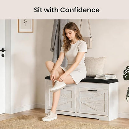 39" Shoe Storage Bench with Padded Seat Cushion & Lift Top Storage Box & 2 Flip Drawers, Small Entryway Shoe Rack Bench with 2 Doors and Adjustable Shelf, Shoes Cabinet for Hallway, Living Room, White