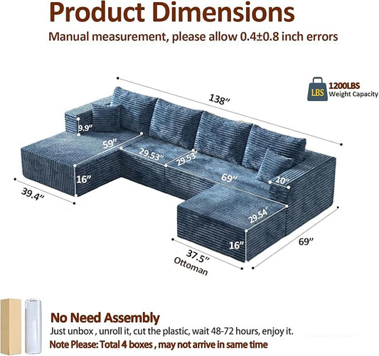 138" Modern Modular Sectional Sofa, U-Shaped Cloud Couch, Soft Corduroy Boneless Couch with 3060 High Rebound Memory Foam, Sectional Couches for Living Room-Blue(Left Facing Chaise)