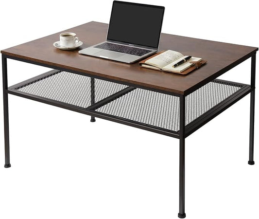 SENIG 2-Tier Coffee Table 35.4" with Iron-Mesh Storage Shelf, Brown Oak | Industrial Wood and Metal Center Table for Home Office Kitchen 35.4" L x 23.6" W