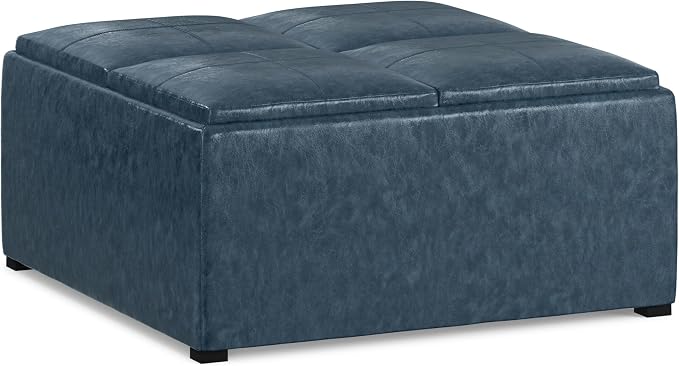 SIMPLIHOME Avalon 35 inch Wide Contemporary Square Coffee Table Storage Ottoman in Denim Blue Vegan Faux Leather, Assembled, For the Living Room and Bedroom
