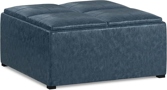 SIMPLIHOME Avalon 35 inch Wide Contemporary Square Coffee Table Storage Ottoman in Denim Blue Vegan Faux Leather, Assembled, For the Living Room and Bedroom