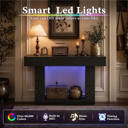Unikito 47" Console Table with Outlets & LED Lights, Farmhouse Entryway Table with Unique Lattice Geometric Pattern, Sofa Table Behind Couch with 2-Tier Storage for Living Room, Hallway, Foyer, Black
