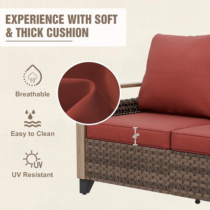 Modern Wicker Patio Sofa, Rattan Outdoor Loveseat for Small Balcony, 2 Seat Loveseat Furniture Set for Garden Deck Backyard, Brown/Red