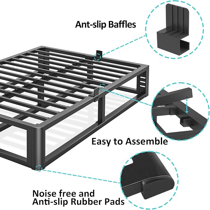 Bilily Metal Heavy Duty 14 inch Queen Bed Frame with Rounded Corner and Headboard Hole Mattress Retainers 3500 LBS No Box Spring Needed Platform Noise Free Easy Assembly