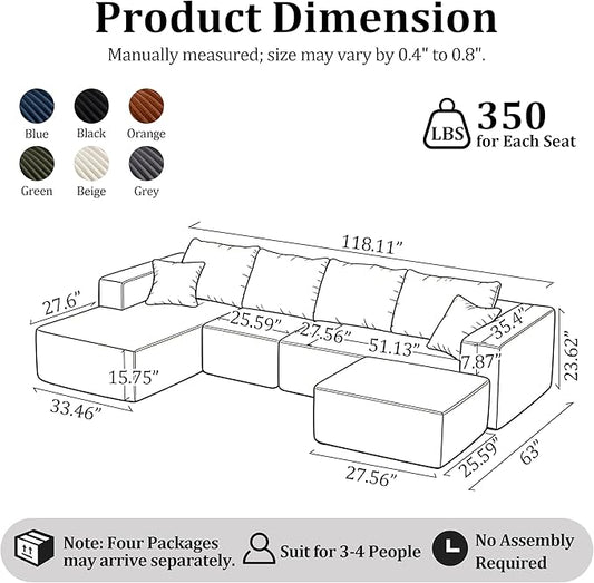 118" U Modular Sectional Sofa, Oversized Cloud Boneless Sofa Couch with Chaise, Modern Corduroy U Shaped Cloud Sofa with Deep Seat & Chaise for Living Room, No Assembly Required