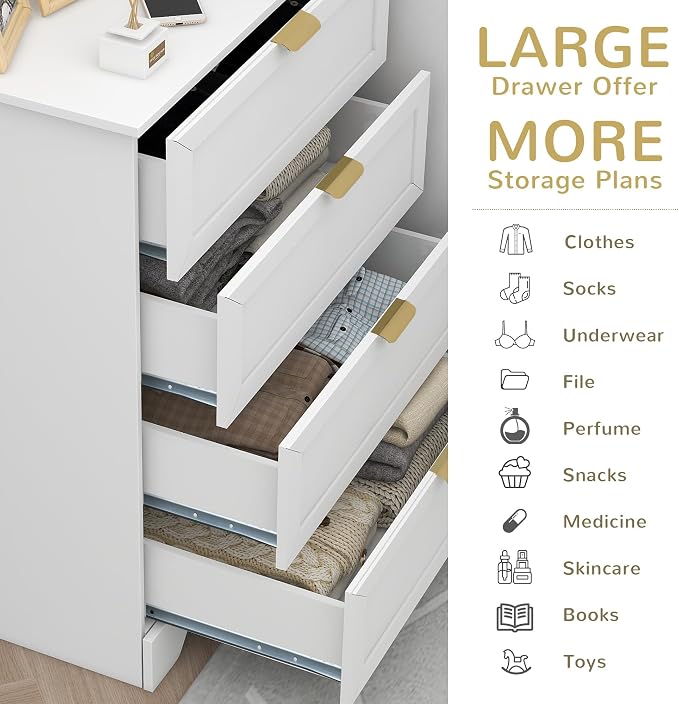 37-inches Tall Chest of Drawers, 4 Drawer Dresser for Bedroom, Wood Dresser with Large Drawers, Modern Storage Cabinet for Closet, Living Room, Entryway, White