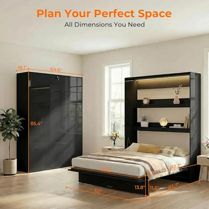 CECER Queen Vertical Murphy Wall Bed，Space Saving for Offices/Guest-Black | Durable Gas-Lift for smooth folding，16 Color Controllable LED Lights，Sturdy frame ＆ Easy Assemble，High Gloss Panel