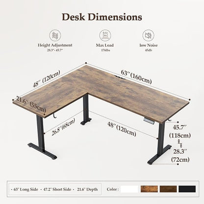 Klicelor L Shaped Standing Desk 63 x 48 Inch, Electric Height Adjustable Corner Desk for Home Office Workstation, Ergonomic Sit to Stand Computer Table with Memory Controller, Rustic Brown