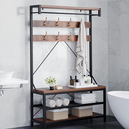 Amyove Large Coat Rack Shoe Bench Hall Tree Shoe Rack for Entryway 3-Tier Storage Shelf and Hooks Removable Industrial Accent Furniture Metal Frame 39.9"x15.7"x72"