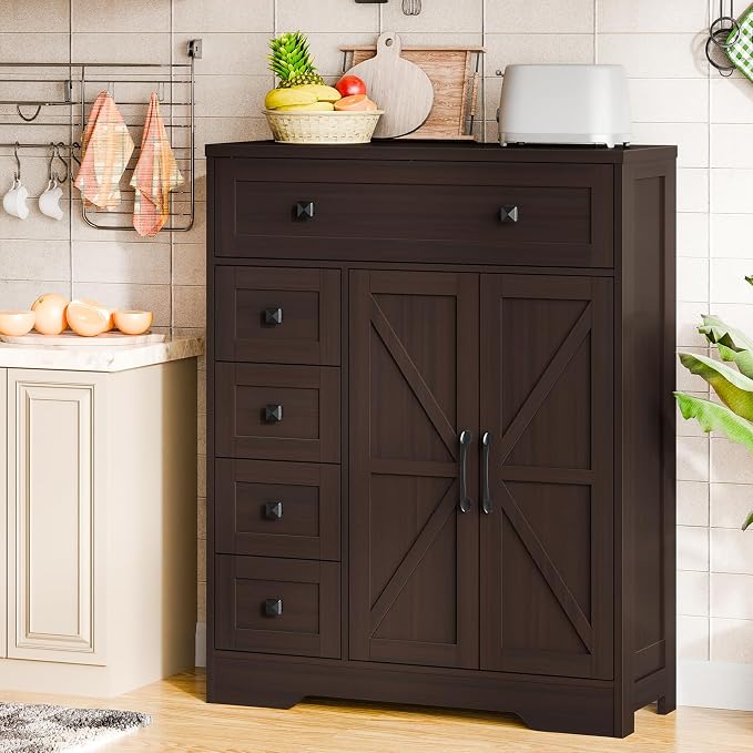 Vabches Farmhouse Storage Cabinet with 2 Doors and 5 Drawers, Freestanding Bathroom Cabinets Kitchen Pantry, Floor Storage Cabinet Hutch Cupboard for Living Room/Bathroom/Kitchen.（Espresso