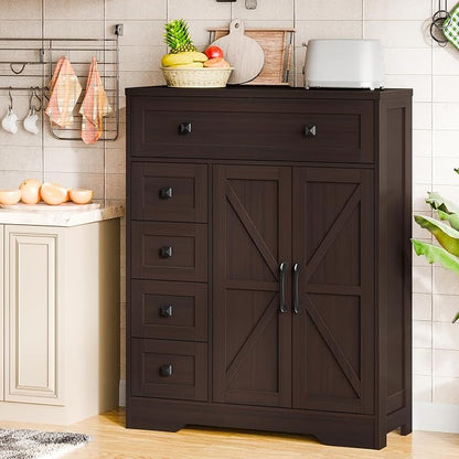 Vabches Farmhouse Storage Cabinet with 2 Doors and 5 Drawers, Freestanding Bathroom Cabinets Kitchen Pantry, Floor Storage Cabinet Hutch Cupboard for Living Room/Bathroom/Kitchen.（Espresso