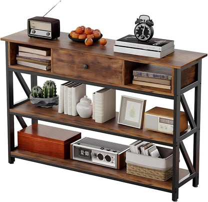 Mexin Console Table with Drawer Shelves, Entryway Table with 3 Tier Storage Shelves, Industrial Wood Hallway Sofa Table for Living Room, Couch, Foyer, Kitchen Counter, 47 Inch Rustic Brown
