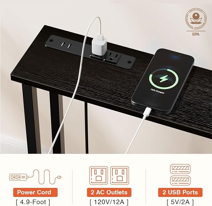 Keelian 70" Narrow Console Sofa Table with Power Outlets & 2 USB Ports, Metal Frame, Black, Perfect for Hallway, Office, and Behind Sofa - Easy Assembly, 4.9' Extension Cord Included