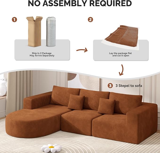 Boneless Couches for Living Room,Cloud Sectional Couch with L-Shape Chaise,Modern Modular Sofa with Deep Seat Upholstered Comfy Couches for Bedroom,No Assembly Required,1PCS