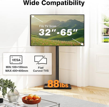 TVON Universal Floor TV Stand with Mount for Most 32-65 Inch TVs up to 88lbs, Height Adjustable TV Floor Stand with Wood Base for Space Saving, Tall Floor TV Stand for Bedroom, Corner & Living Room