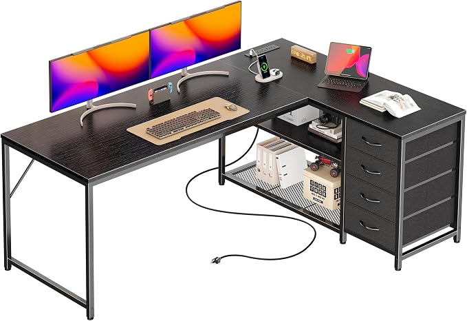 PRAISUN 53" L Shaped Desk with Power Outlets & USB-C Port, Reversible Computer Corner Office Desk with 4 Fabric Drawers and 2 Storage Shelves, Large Desk for Gaming Writing Work Study, Black